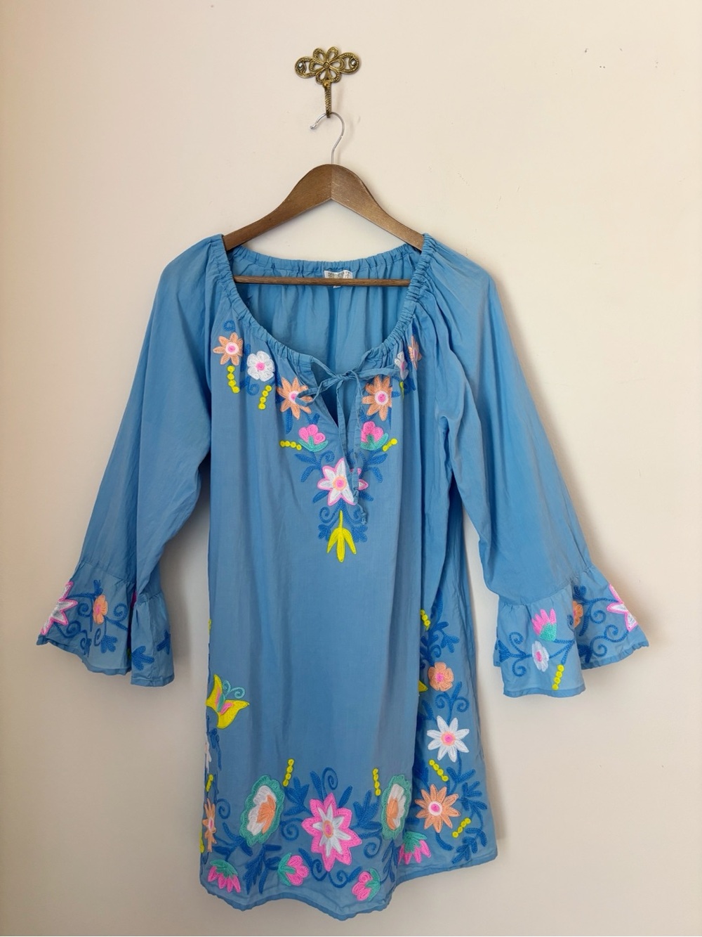 Debbie Katz Blue Floral Embroidered Dress Large Summer Resortwear